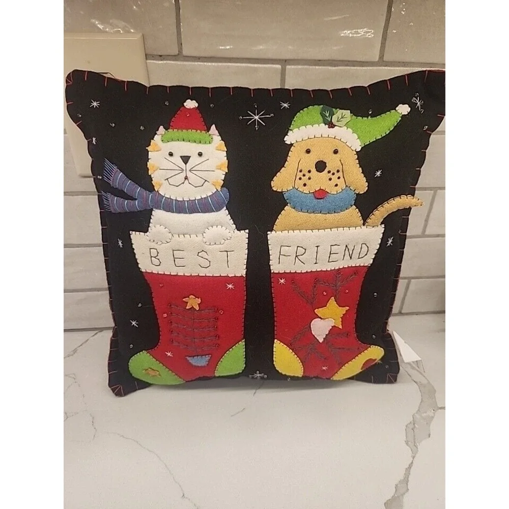 Cat And Dog In Christmas Stockings Best Friends 14x14 Square Throw Decor Pillow‎